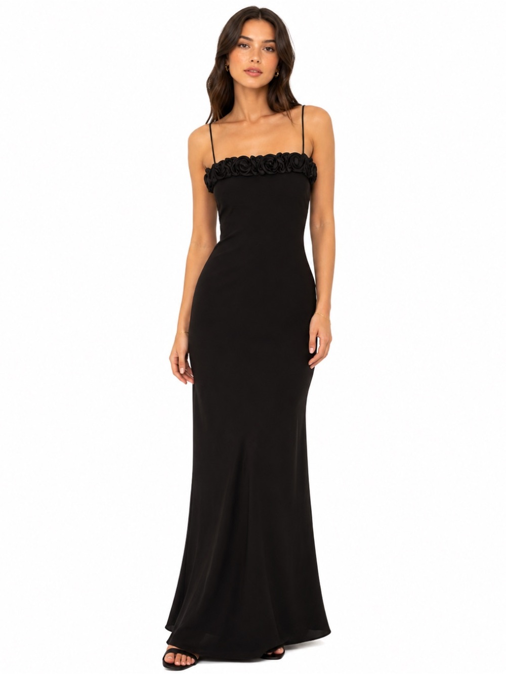 Vintage 90s Y2K Nightway Black Rosette Formal Maxi Slip Dress Size 4